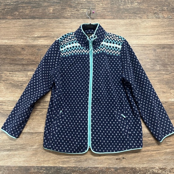 Talbots Navy Blue Quilted Fleece Jacket with Polka Dots and Light Blue Accents - Picture 1 of 4